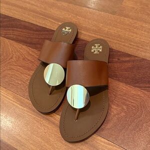 Tory Burch Brown Leather Slides with Gold Disc